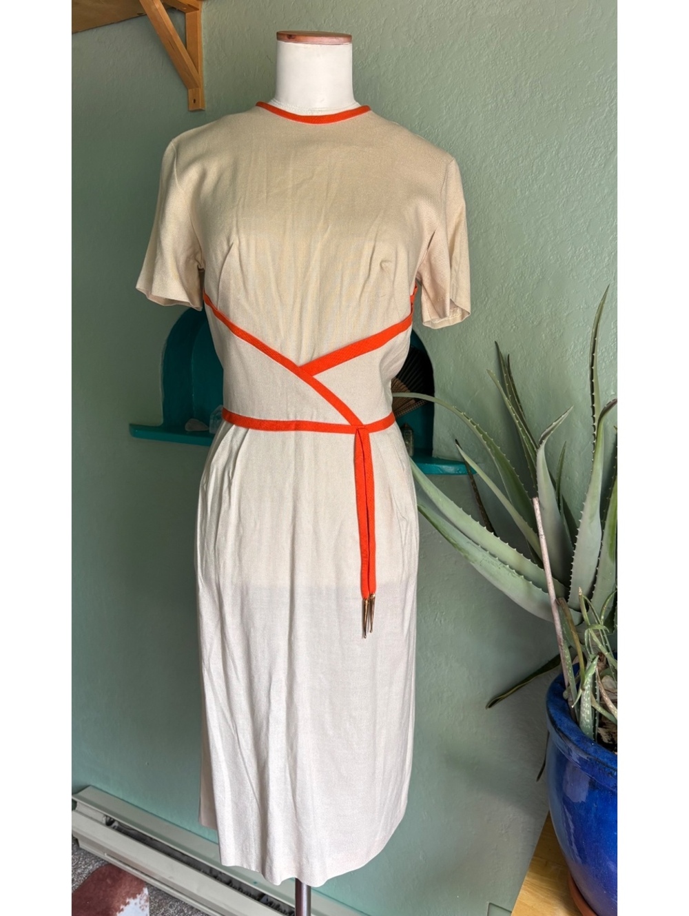 Vintage 1960s Cream Sheath Dress / Orange Wraparound Trim Belt / Mod Midi Dress
